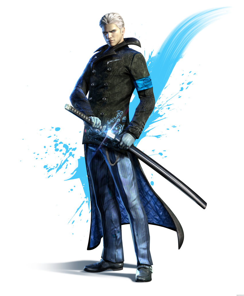 1boy absurdres blue_eyes capcom devil_may_cry dmc:_devil_may_cry gloves highres katana long_coat male male_focus official_art shiny solo sword vergil weapon white_hair