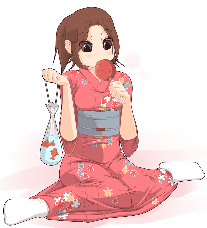 brown_hair fish goldfish hangaku highres japanese_clothes kimono left_4_dead ponytail sitting socks solo zoey_(left4dead)