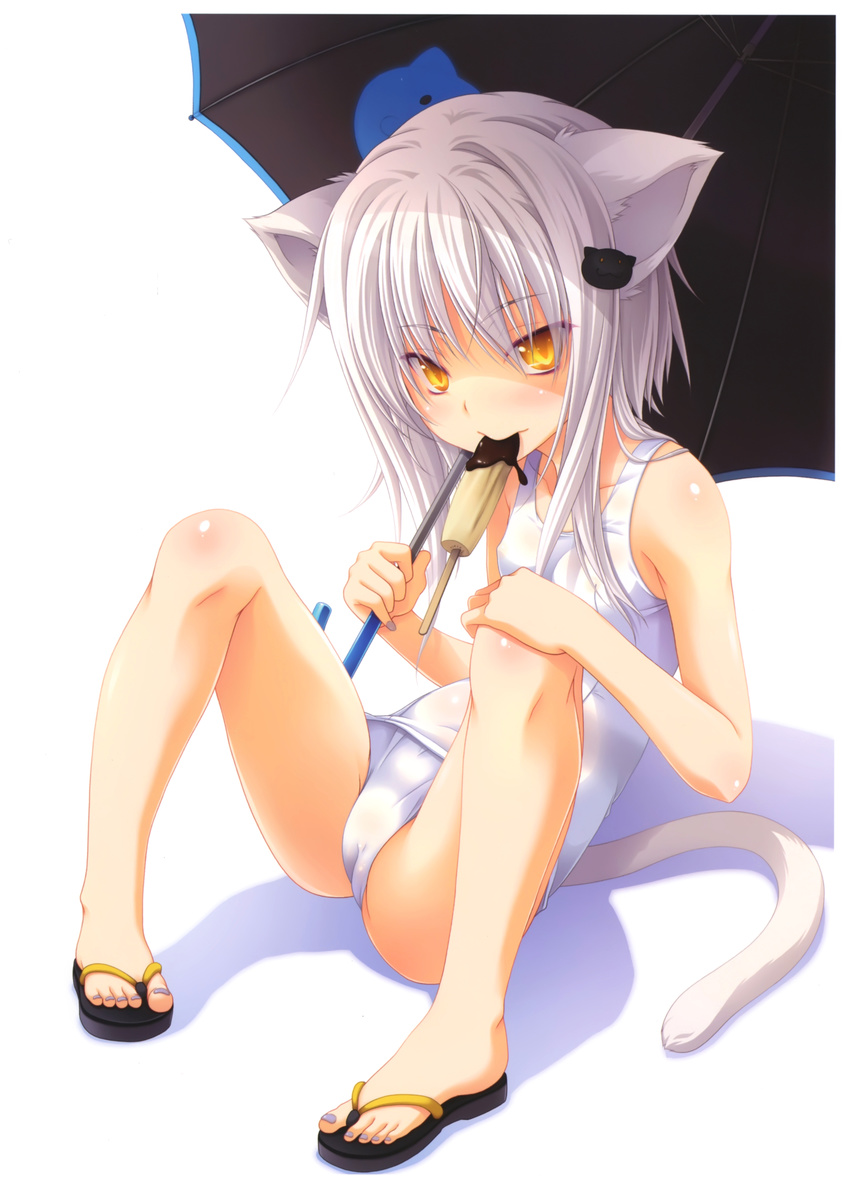 absurdres animal_ears banana breasts cameltoe cat_ears cat_hair_ornament cat_tail chocolate_banana covered_nipples flip-flops food fruit full_body hair_ornament high_school_dxd highres leaning_back looking_at_viewer miyama-zero mouth_hold official_art one-piece_swimsuit sandals scan school_swimsuit short_hair silver_hair simple_background sitting small_breasts solo swimsuit tail toenail_polish toes toujou_koneko umbrella white_school_swimsuit white_swimsuit yellow_eyes