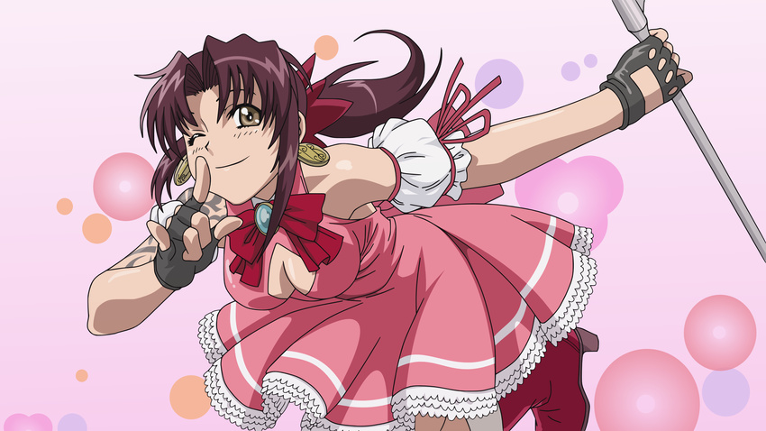 absurdres black_lagoon boots breasts brown_eyes brown_hair cleavage cleavage_cutout earrings fingerless_gloves frills gloves high_heels highres jewelry magical_girl ponytail revy revy_(black_lagoon) ribbon smile staff tattoo vector vector_trace wallpaper wink