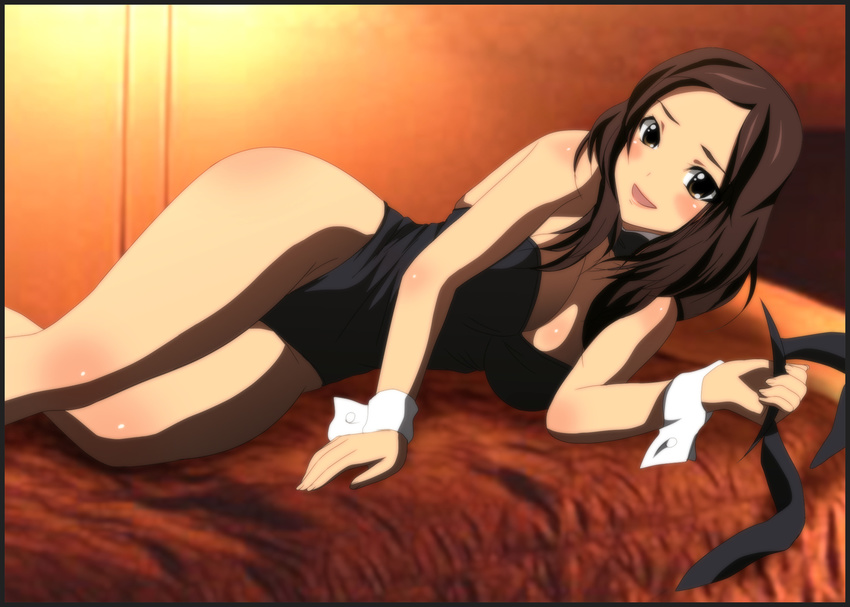 animal_ears bed blush bow bowtie breasts brown_eyes brown_hair bunny_ears bunny_girl bunnysuit cleavage highres large_breasts long_hair looking_at_viewer lying lying_down open_mouth original pillow smile solo thighhighs wrist_cuffs yadokari_genpachirou