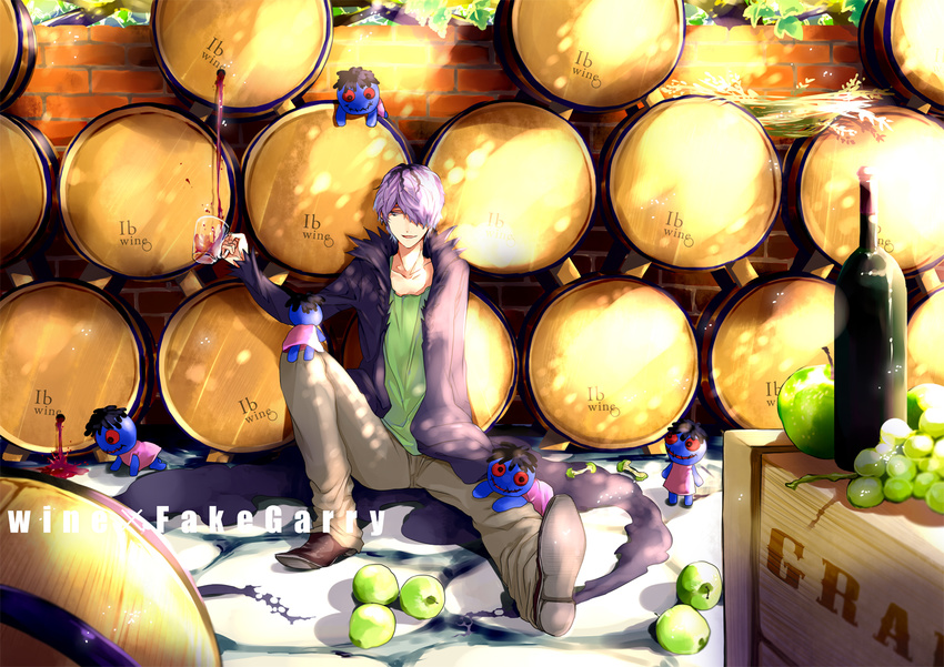 alcohol apple bad_id bad_pixiv_id barrel doll doll_(ib) drink food fruit garry_(ib) grapes ib male_focus naan solo watermark wine