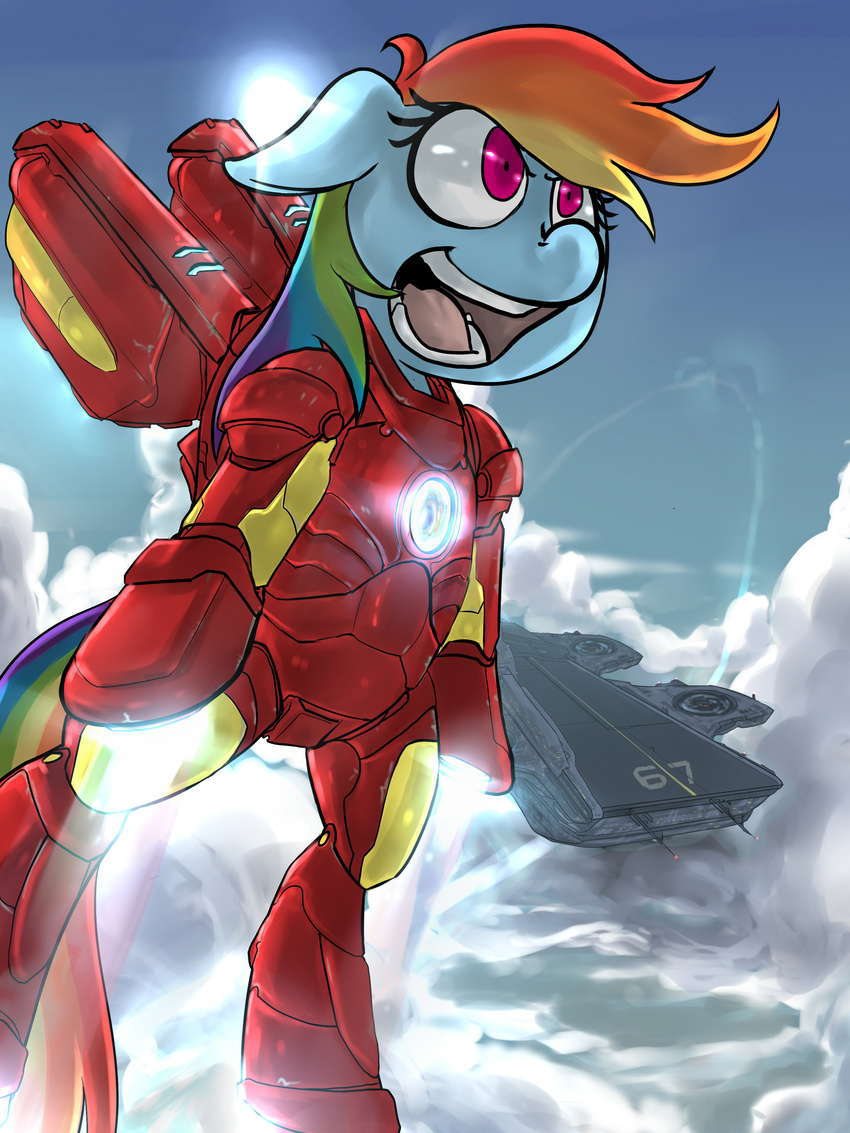 anthro anthrofied armor cloud clouds equine female flying friendship_is_magic glowing hair horse iron_man mammal multi-colored_hair my_little_pony outside pegasus pony purple_eyes rainbow_dash_(mlp) rainbow_hair sky solo suit sun uc77 wings