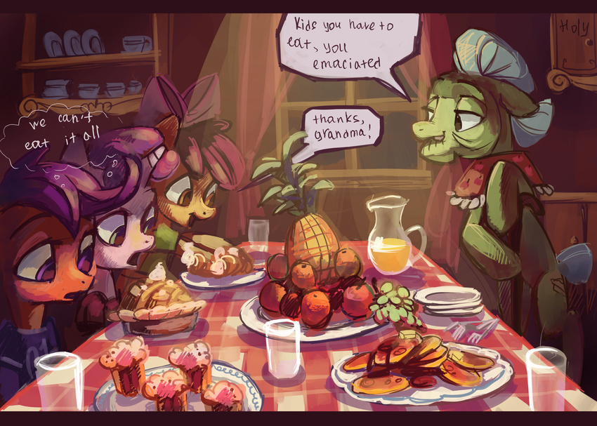 cub cutie_mark_crusaders_(mlp) dialog english_text equine female feral food friendship_is_magic fruit granny_smith_(mlp) holivi horn horse mammal muffin my_little_pony pancake pie plates pony scootaloo_(mlp) sweetie_belle_(mlp) table text unicorn young