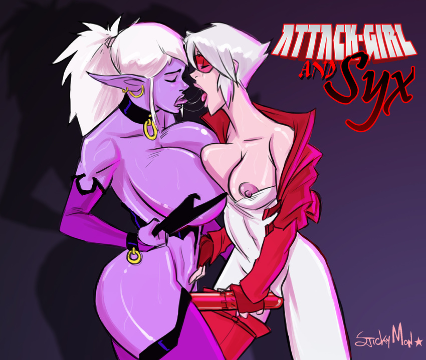 attack_girl_(character) big_breasts breast_squish breasts collar dark_elf demon dildo ear_piercing elbow_gloves elf english_text erect_nipples eyes_closed eyewear female fingerless_gloves glasses gloves hair holding huge_breasts human kissing legwear lesbian mammal nipples nude piercing pointy_ears purple_skin pussy rubbing saliva saliva_string sex_toy shiny short_hair side_view standing stickymon stockings succubus syx text tongue undressing vibrator wet white_hair