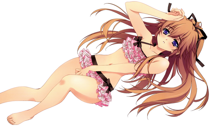 bikini blush brown_hair carnelian long_hair mix! purple_eyes suwa_ranmaru swimsuit trap white