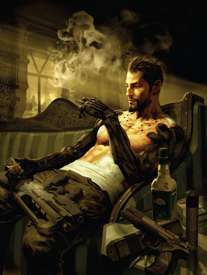 absurdres adam_jensen alcohol amputee artist_request bandages bottle brown_hair cigarette cityscape cyberpunk cyborg deus_ex deus_ex:_human_revolution facial_hair furniture glass goatee gun handgun highres injury machine_gun male_focus production_art realistic scar science_fiction sitting smoke solo suppressor weapon window wine