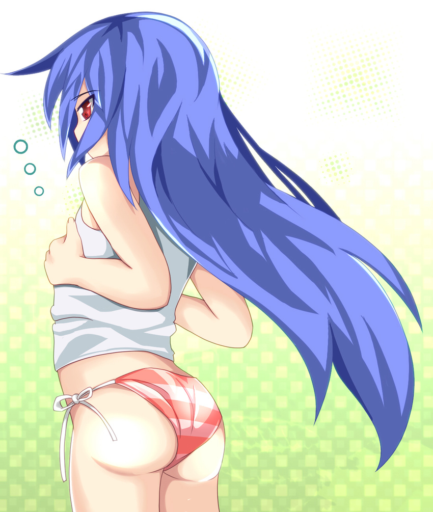 ass blue_hair flat_chest highres hinanawi_tenshi long_hair no_hat no_headwear panties red_eyes side-tie_panties solo striped tank_top touhou underwear underwear_only zamudelin