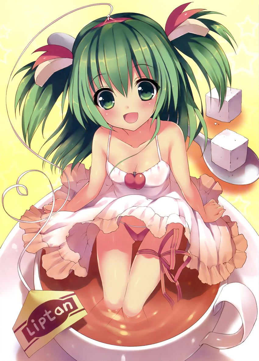 :d absurdres bare_shoulders black_tea brand_name_imitation breasts cleavage cup dengeki_moeou dress dress_lift green_eyes green_hair hairband highres liptan nemunemu_(candy_paddle) open_mouth panties personification pink_panties ribbon scan sitting small_breasts smile solo spoon string_panties sugar_cube tea teabag teacup thigh_ribbon two_side_up underwear white_dress
