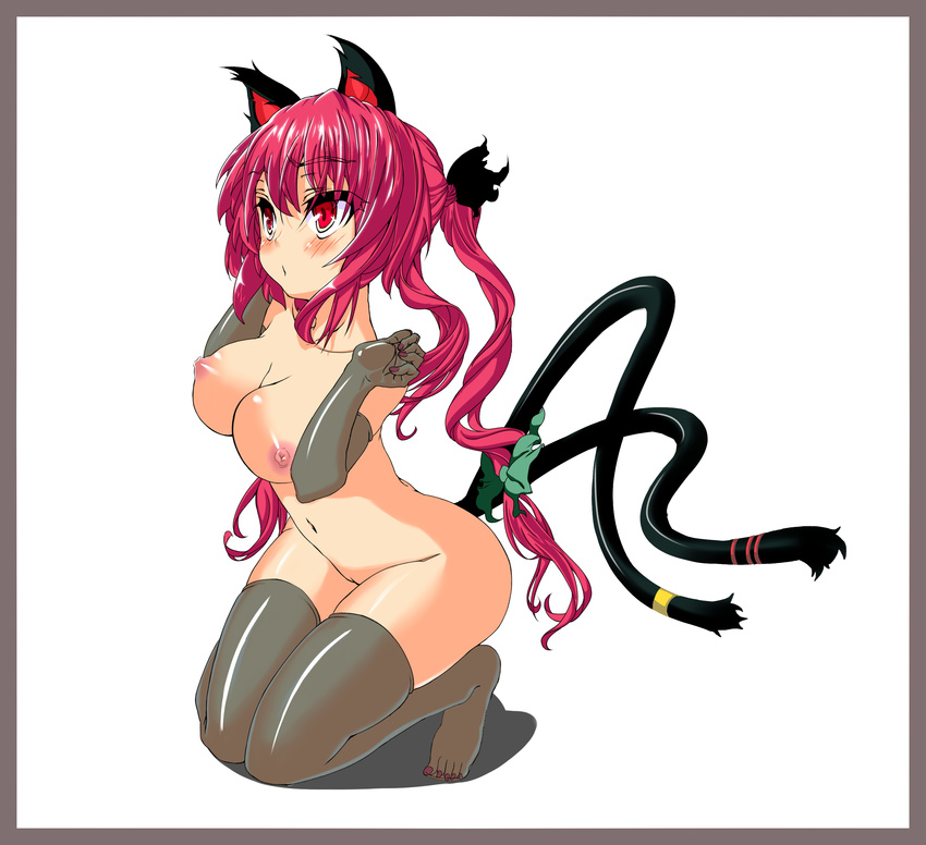 absurdres animal_ears blush bow breasts cat_ears cat_tail collarbone hair_bow highres husun_wei kaenbyou_rin kneeling large_breasts long_hair multiple_tails navel nipples nude red_eyes red_hair solo tail thighhighs touhou twintails white_background