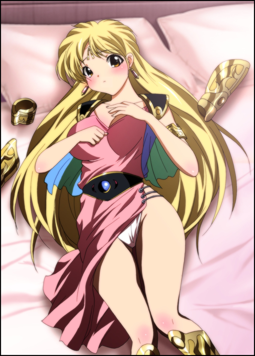 bed blonde_hair blush breasts dragon_quest dragon_quest_dai_no_daibouken earrings highres jewelry long_hair lying lying_down panties pillow princess_leona solo underwear yadokari_genpachirou