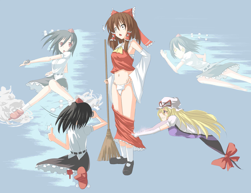 /\/\/\ 3girls ascot assisted_exposure black_hair blonde_hair bow brown_eyes brown_hair camera detached_sleeves female_pervert fundoshi gap hair_bow hair_tubes hakurei_reimu hat hat_ribbon highres japanese_clothes long_hair multiple_girls navel open_mouth pantsing pervert puffy_sleeves purple_eyes ribbon sarashi shameimaru_aya short_hair short_sleeves smile standing stoner08 thumbs_up tokin_hat touhou wide_sleeves yakumo_yukari