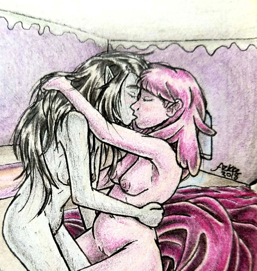 2018 adventure_time areola azkre bed bed_sheet bedding black_hair blush body_hair breasts cartoon_network clitoris demon duo eyes_closed female female/female hair humanoid humanoid_on_humanoid hybrid long_hair marceline_abadeer nipples nude pink_hair pointy_ears princess_bubblegum pubes pussy tasteful traditional_media_(artwork) vampire