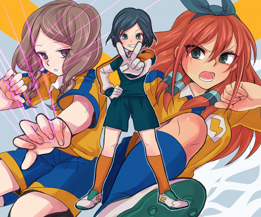 bad_id bad_pixiv_id blue_eyes blue_hair braid brown_hair gloves goalkeeper green_eyes hair_ribbon inazuma_eleven_(series) inazuma_eleven_go kareido lightning_bolt long_hair multiple_girls open_mouth purple_eyes raimon raimon_soccer_uniform ribbon seto_midori short_hair smile soccer_uniform sorano_aoi sportswear twin_braids v yamana_akane