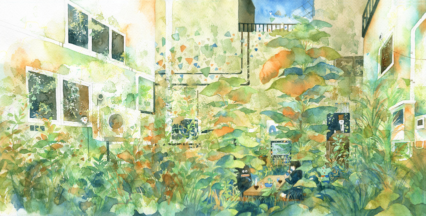 air_conditioner bangs black_hair blue_legwear blue_skirt blunt_bangs book bowl building cabinet cable chopsticks closed_eyes creature cushion day drainpipe eating fantasy highres holding holding_chopsticks kneehighs long_hair long_sleeves original overgrown painting_(object) plant pleated_skirt potted_plant profile radio_antenna railing school_uniform seiza sitting skirt straight_hair table television traditional_media watercolor_(medium) wayukako window wooden_table
