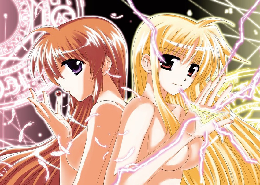 bad_id bad_pixiv_id bardiche blonde_hair breasts brown_hair censored convenient_censoring electricity fate_testarossa hair_down kohaku_(kohagura) long_hair lyrical_nanoha magic_circle mahou_shoujo_lyrical_nanoha_strikers medium_breasts multiple_girls nude purple_eyes raising_heart red_eyes takamachi_nanoha