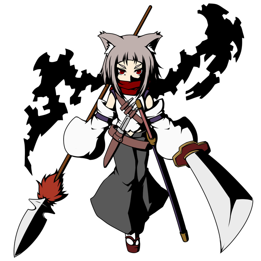 animal_ears highres inubashiri_momiji looking_at_viewer naginami red_eyes simple_background solo sword touhou weapon white_background wolf_ears