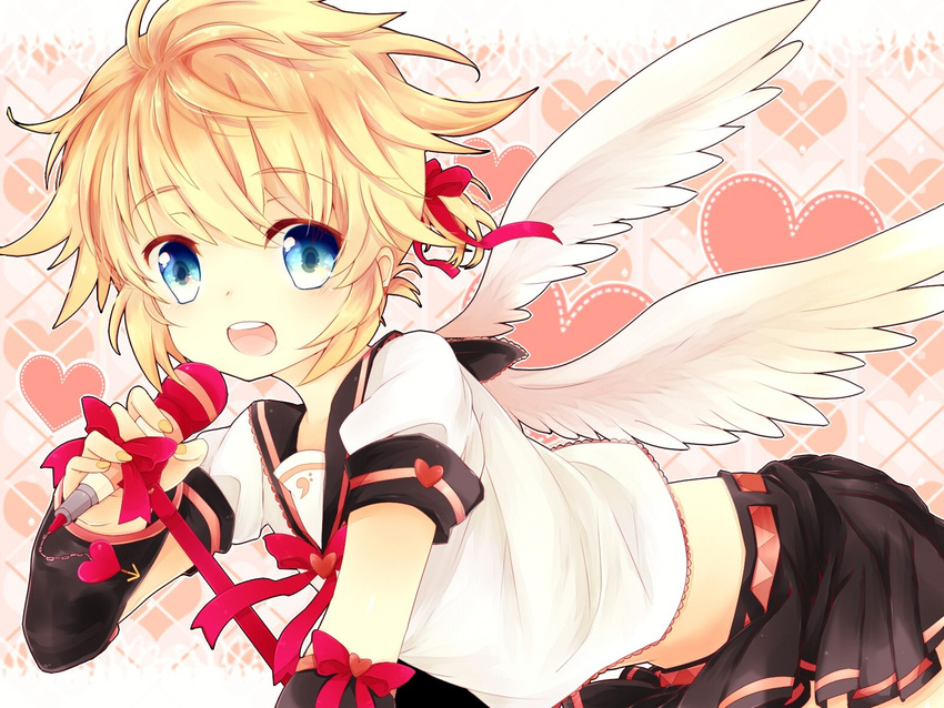 bad_id bad_pixiv_id blonde_hair blue_eyes crossdressing earrings feathered_wings hair_ribbon highres jewelry kagamine_len leeannpippisum male_focus microphone open_mouth otoko_no_ko otoko_no_ko_memorable_(vocaloid) ribbon skirt vocaloid wings