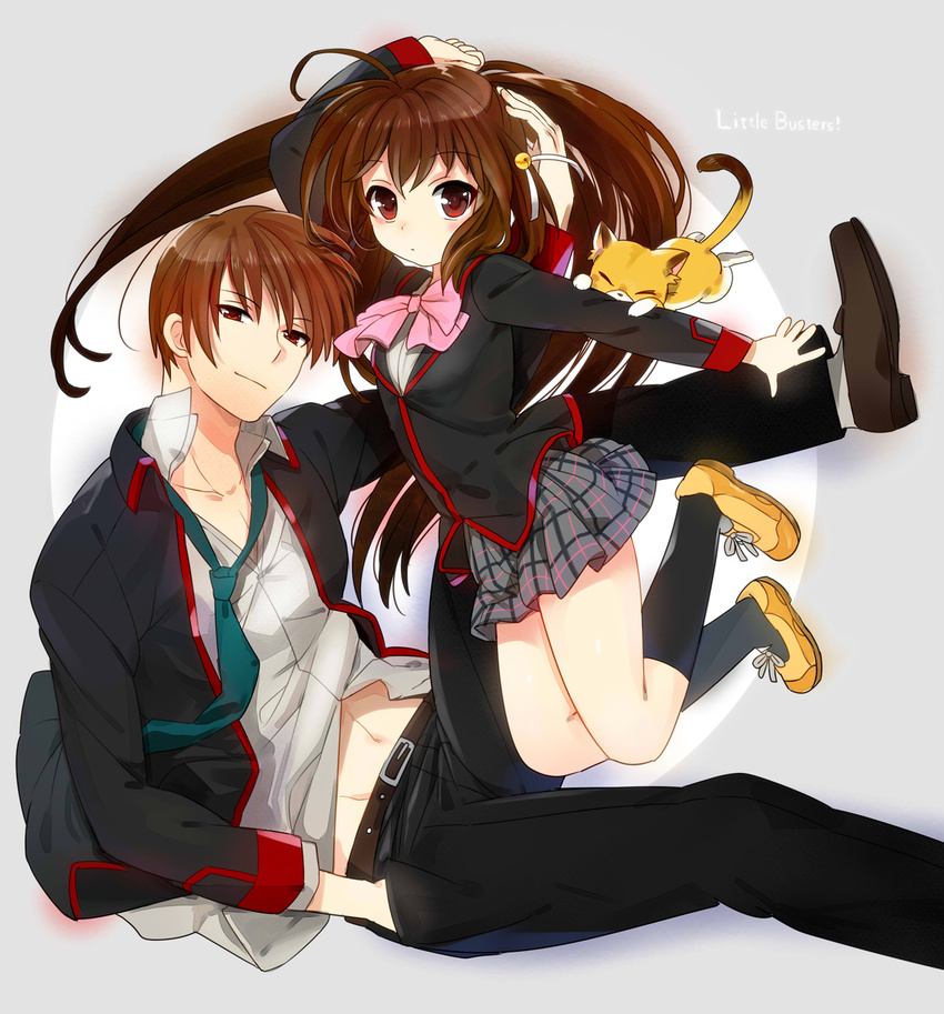 1girl bad_id bad_pixiv_id bow brother_and_sister brown_hair cat highres jamijami little_busters! long_hair natsume_kyousuke natsume_rin pink_bow plaid plaid_skirt ponytail red_eyes school_uniform short_hair siblings skirt