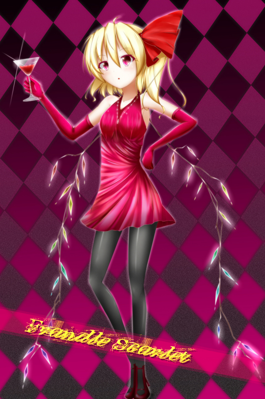 alternate_costume bad_id bad_pixiv_id blonde_hair character_name crystal dress elbow_gloves flandre_scarlet glass gloves hair_ribbon highres jewelry necklace open_mouth red_eyes ribbon side_ponytail solo standing touhou wings yuxyon