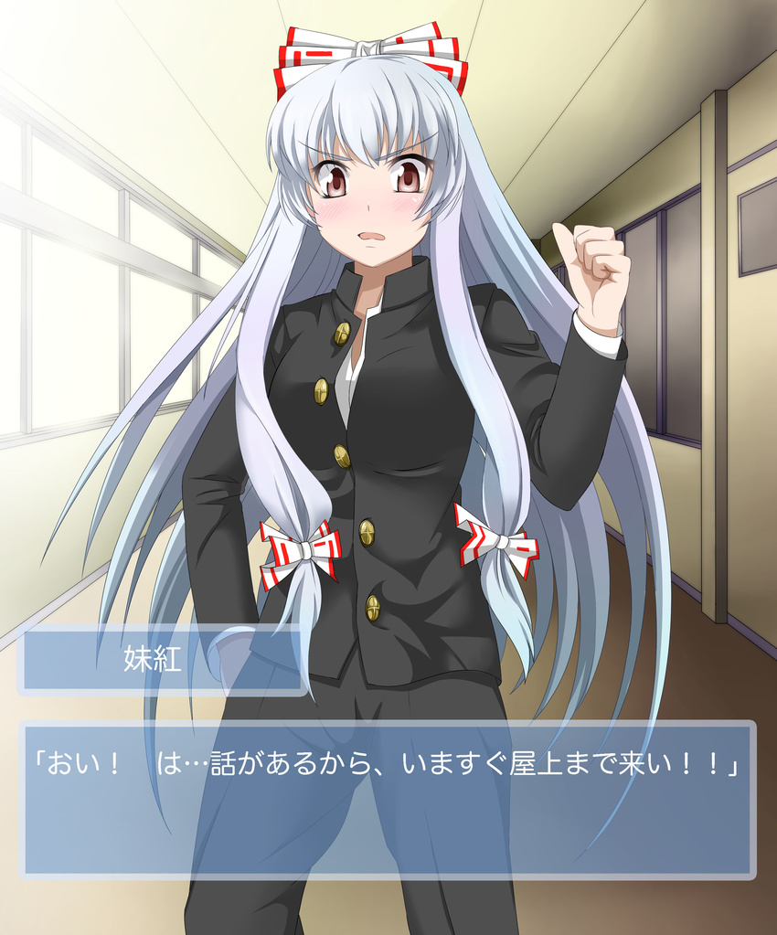 absurdres alternate_costume bad_id bad_pixiv_id blush bow e.o. fujiwara_no_mokou gakuran hair_bow highres long_hair red_eyes school_uniform silver_hair solo touhou translated