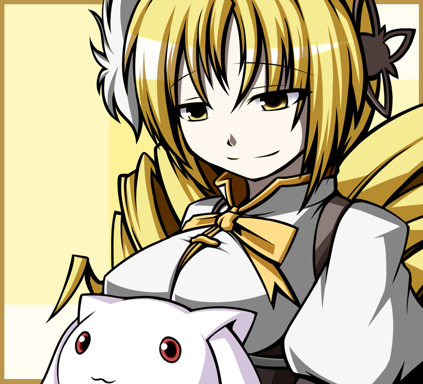 blonde_hair breasts drill_hair kyubey large_breasts long_hair magical_girl mahou_shoujo_madoka_magica naginami smile tomoe_mami twin_drills twintails yellow_eyes