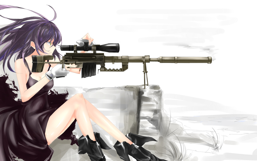 absurdres bipod bolt_action breasts cheytac_m200 cleavage collarbone fingerless_gloves gloves gun highres long_hair medium_breasts original profile purple_hair rifle saberiii scope shiny shiny_skin sitting sleeveless smoke smoking_gun sniper sniper_rifle solo suppressor torn_clothes trigger_discipline weapon yellow_eyes