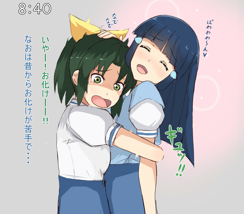 aoki_reika blue_hair blush clock clockshow green_eyes green_hair hair_tubes hand_on_another's_head hug long_hair midorikawa_nao multiple_girls nanairogaoka_middle_school_uniform open_mouth ponytail precure scared school_uniform short_hair skirt smile smile_precure! tears translated unpale