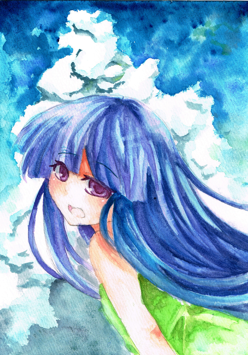 absurdres bare_shoulders blue_hair blush cloud dress furude_rika highres higurashi_no_naku_koro_ni long_hair nashi_(shi_ra_nu_i) open_mouth purple_eyes sky solo traditional_media