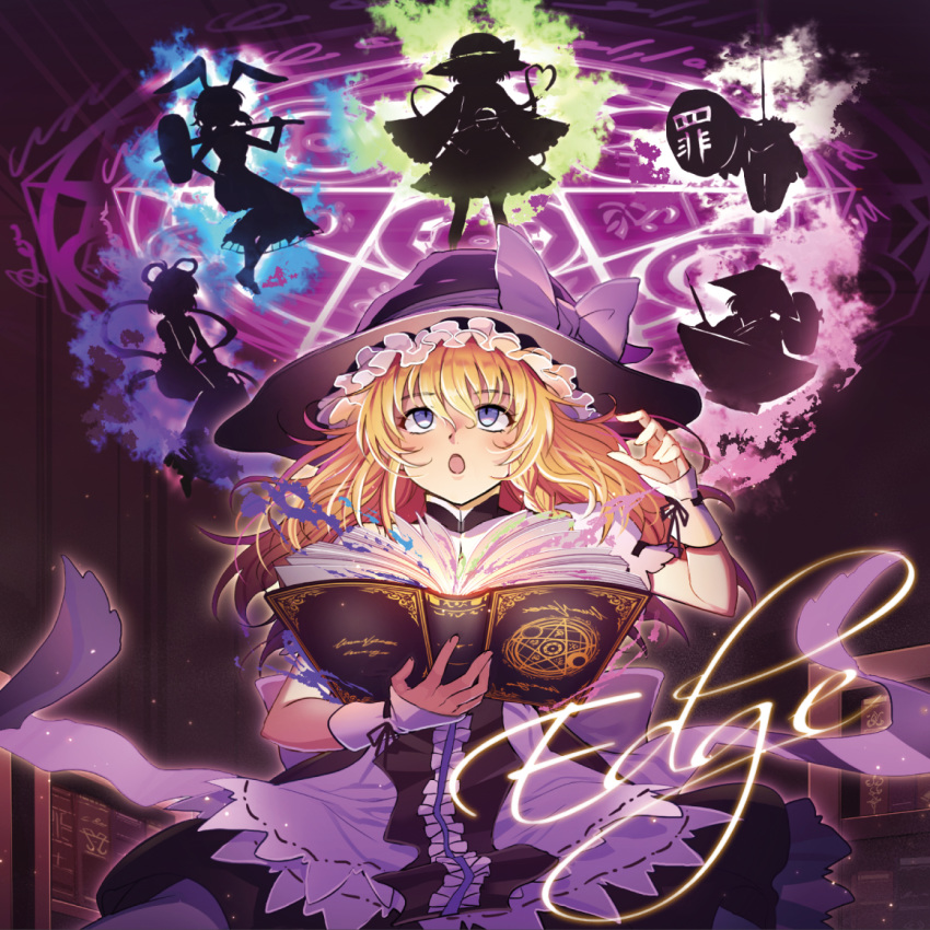 6+girls :o animal_ears bangs black_hat black_skirt blonde_hair blue_eyes book bookshelf bow bowl bowl_hat bunny_ears cibo_(killy) eyebrows_visible_through_hair floating frills hair_between_eyes hair_rings hand_up hat hat_bow holding holding_book kaku_seiga kirisame_marisa komeiji_koishi long_hair looking_up magic_circle mallet multiple_girls needle seiran_(touhou) shawl silhouette sin_sack skirt sukuna_shinmyoumaru third_eye touhou white_bow witch_hat wrist_cuffs