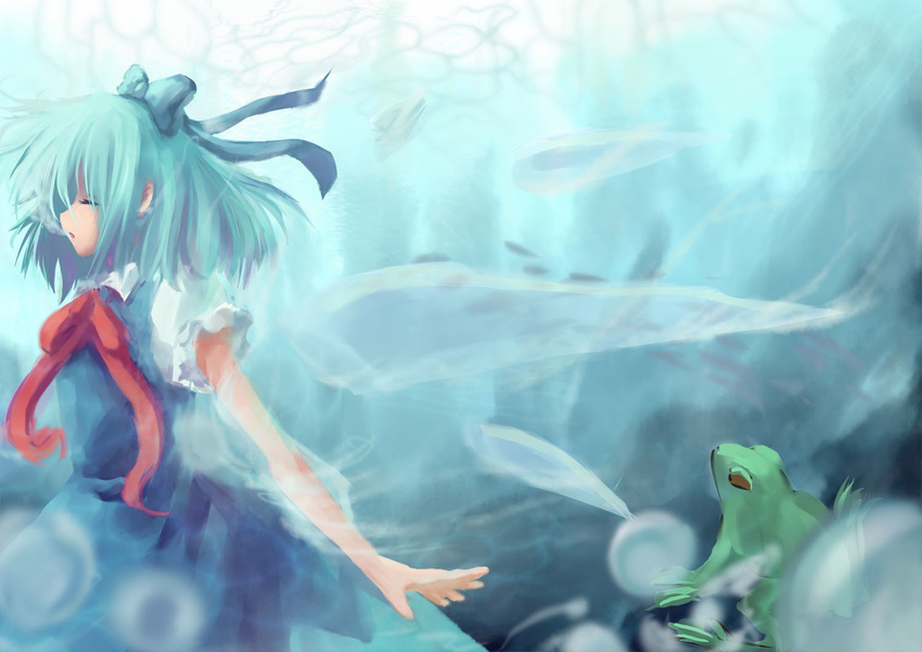 animal blue_hair bow cirno closed_eyes detached_wings frog hair_bow ice ice_wings open_mouth puffy_sleeves rock short_hair short_sleeves solo stoner08 touhou underwater wings