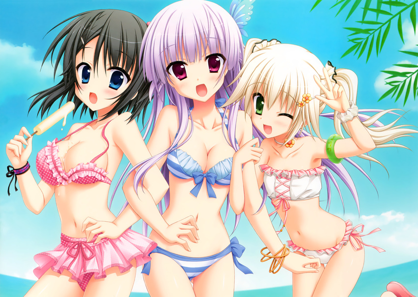 3girls beach bikini cleavage hatsuyuki_sakura hontani_kanae ice_cream scan shinonome_nozumu shirokuma swimsuit tamaki_sakura wink