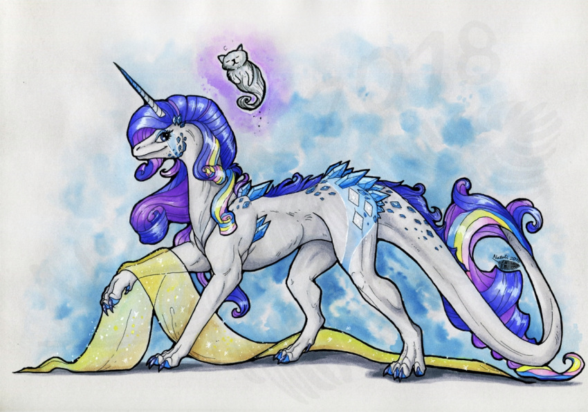 2018 4_toes claws dragon duo feral friendship_is_magic hair horn my_little_pony natoli purple_hair rarity_(mlp) smile solo standing toes traditional_media_(artwork)