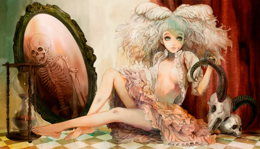 aqua_eyes bare_legs barefoot big_hair checkered checkered_floor cover cover_page curtains different_reflection feet frilled_skirt frills horns hourglass looking_away mirror open_clothes open_shirt original parted_lips reflection rem_(artist) shirt sitting skeleton skirt skull white_hair