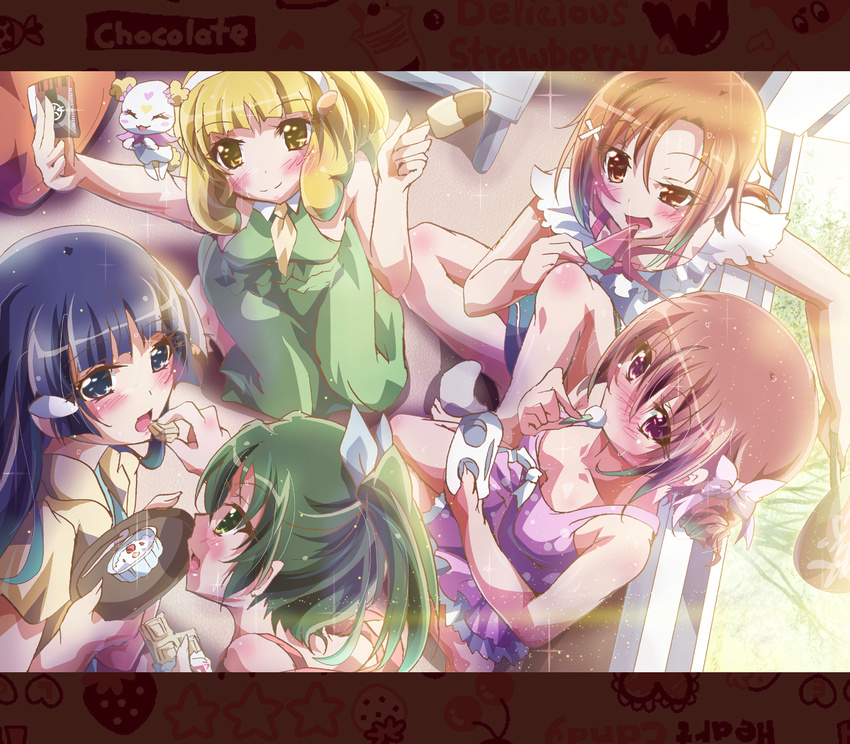 aoki_reika blonde_hair blue_eyes blush cake candy_(smile_precure!) dress eating food green_eyes green_hair hairband highres hino_akane_(smile_precure!) hoshizora_miyuki inoshishi_(ikatomo) kise_yayoi letterboxed long_hair midorikawa_nao multiple_girls open_mouth orange_hair ponytail popsicle precure purple_hair red_eyes red_hair short_hair smile smile_precure! watermelon_bar yellow_eyes