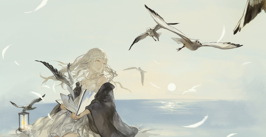 bare_shoulders bird book coat commentary day dress feathers highres lamp long_hair noir_(ibaraki) ocean off_shoulder open_mouth original seagull silver_hair sitting sky smile solo sun white_dress wind yellow_eyes
