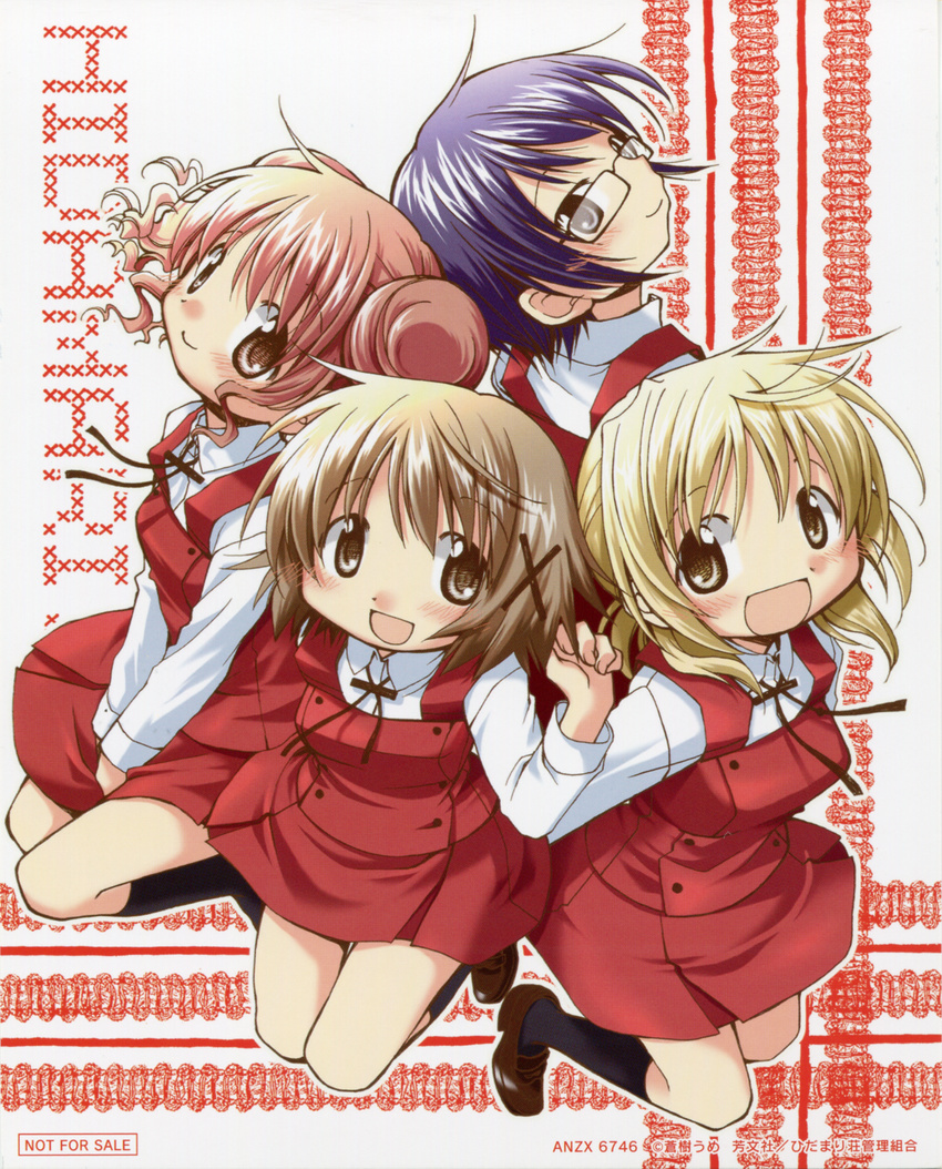 :d absurdres aoki_ume blonde_hair blue_hair blush brown_hair double_bun hair_ornament hairclip hidamari_sketch highres hiro looking_at_viewer miyako multiple_girls official_art open_mouth pink_hair sae scan school_uniform short_hair sitting smile yuno