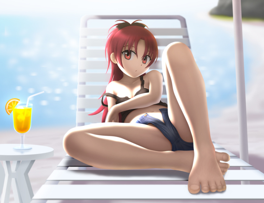 bare_shoulders barefoot beach bikini_top blurry chair depth_of_field drink drinking_straw food fruit glass hair_ribbon long_hair long_legs looking_at_viewer lounge_chair mahou_shoujo_madoka_magica navel ocean open_clothes open_shorts orange ponytail reclining red_eyes red_hair ribbon sakura_kyouko shorts siraha solo strap_slip tropical_drink unbuttoned water