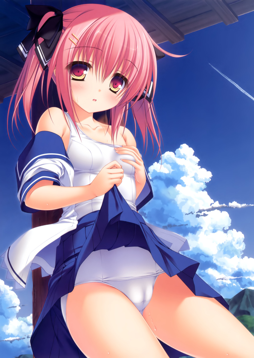 absurdres bare_shoulders blue_sky blush cloud condensation_trail copyright_request day hair_ornament hairclip highres leaning_back looking_at_viewer mikagami_mamizu orange_eyes outdoors pink_hair school_swimsuit school_uniform self_fondle serafuku skirt skirt_lift sky solo swimsuit swimsuit_under_clothes tareme twintails undressing white_school_swimsuit white_swimsuit