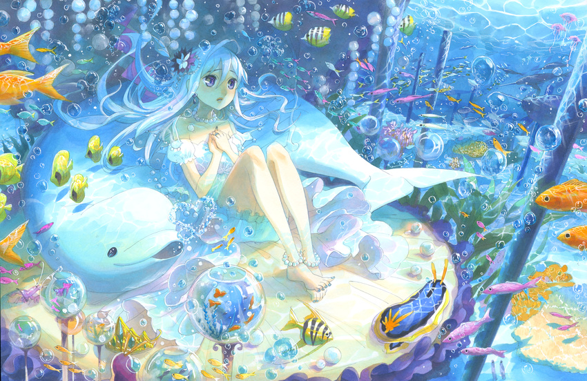 animal anklet barefoot beads beluga_whale blue_eyes blue_hair bubble caustics clam dress feet fish fishbowl fuumi_(radial_engine) hair_ornament hand_on_own_chest highres jewelry long_hair looking_at_viewer marker_(medium) original pearl pillar purple_hair scenery sea_slug sitting solo toenail_polish toes traditional_media underwater water whale