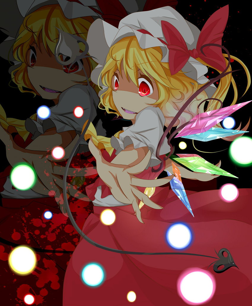 ascot bad_id bad_pixiv_id blonde_hair bow crystal flandre_scarlet hat hat_bow highres laevatein open_mouth puffy_sleeves red_eyes short_hair short_sleeves side_ponytail solo touhou wings