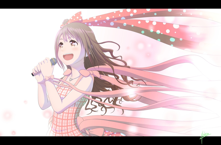 bow brown_eyes brown_hair hair_bow half_updo idolmaster idolmaster_cinderella_girls long_hair microphone murakumo1987 plaid shimamura_uzuki skirt solo