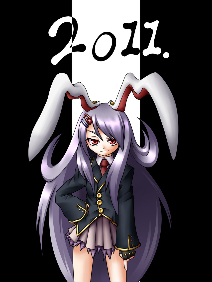 2011 black_background hand_on_hip highres long_hair looking_at_viewer naginami purple_hair red_eyes reisen_udongein_inaba simple_background skirt smile solo touhou very_long_hair