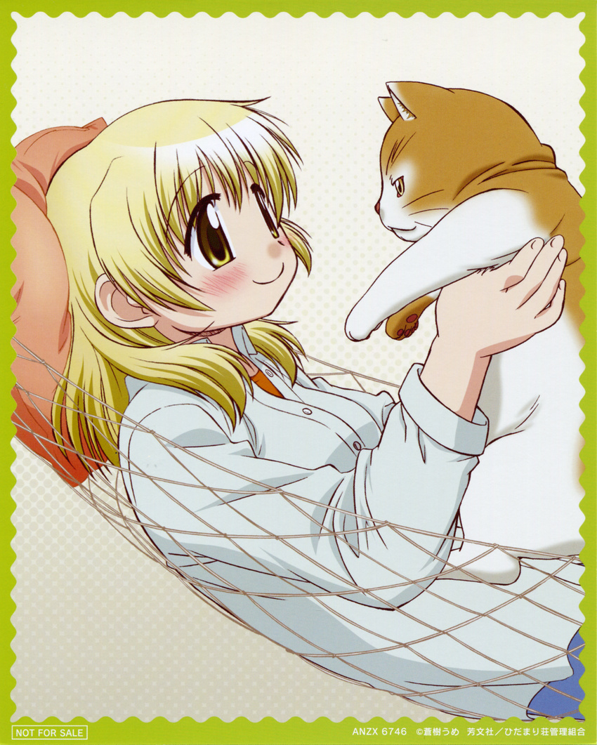 absurdres artist_request blonde_hair blush casual cat hammock hidamari_sketch highres miyako official_art pillow scan smile yellow_eyes