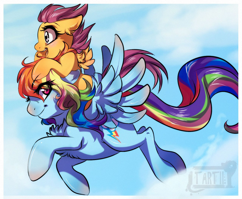 cloud clouds couple cub cutie_mark equine female feral flying friendship_is_magic hair horse mammal multi-colored_hair my_little_pony outside pegasus pony purple_eyes rainbow_dash_(mlp) rainbow_hair scootaloo_(mlp) sky tartii wings young