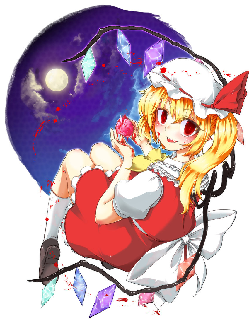 absurdres ascot blonde_hair blood empty_eyes flandre_scarlet full_moon harry_(namayake) hat heart_(organ) highres mary_janes moon open_mouth red_eyes shoes short_hair side_ponytail skirt smile solo touhou wings
