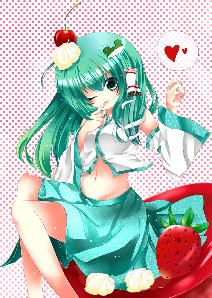 absurdres blush cherry cream detached_sleeves food frog_hair_ornament fruit green_eyes green_hair hair_ornament hair_tubes highres kochiya_sanae long_hair navel one_eye_closed oumi_hi snake_hair_ornament solo touhou wide_sleeves