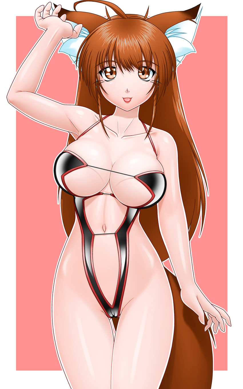absurdres animal_ears brown_eyes brown_hair cameltoe delica fangs fox_ears highleg highleg_swimsuit highres long_hair one-piece_swimsuit original solo swimsuit tongue whiskers