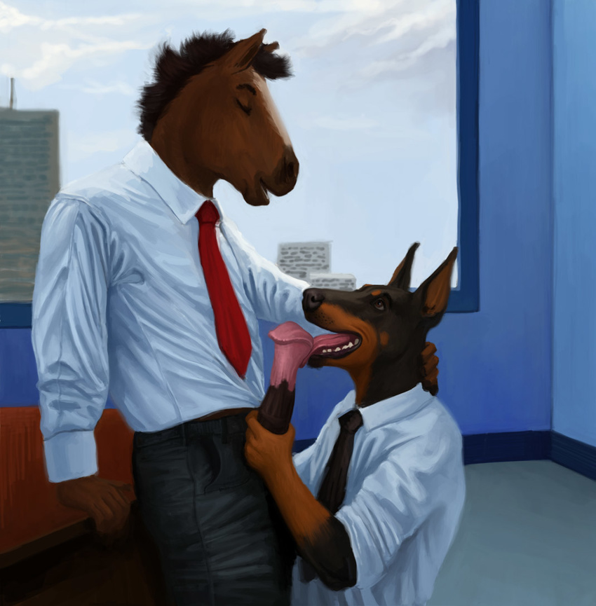 anthro big_penis boss brown_eyes canine clothing doberman dog equine erection eyes_closed fellatio fur gay horse horsecock licking male mammal morticus necktie office oral oral_sex pants penis sex shirt suit thick_penis tongue unprofessional_behavior