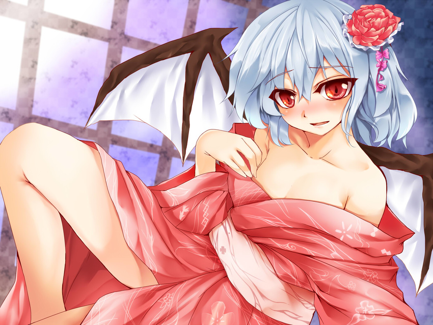 alternate_costume alternate_hairstyle bare_legs bare_shoulders bat_wings blue_hair blush breasts cleavage flower hair_flower hair_ornament japanese_clothes kimono looking_at_viewer no_bra no_hat no_headwear obi off_shoulder remilia_scarlet ryuushou sash short_hair sitting small_breasts solo touhou wings